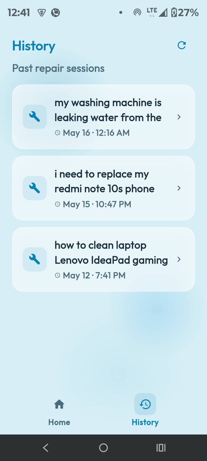 Past repair sessions history
