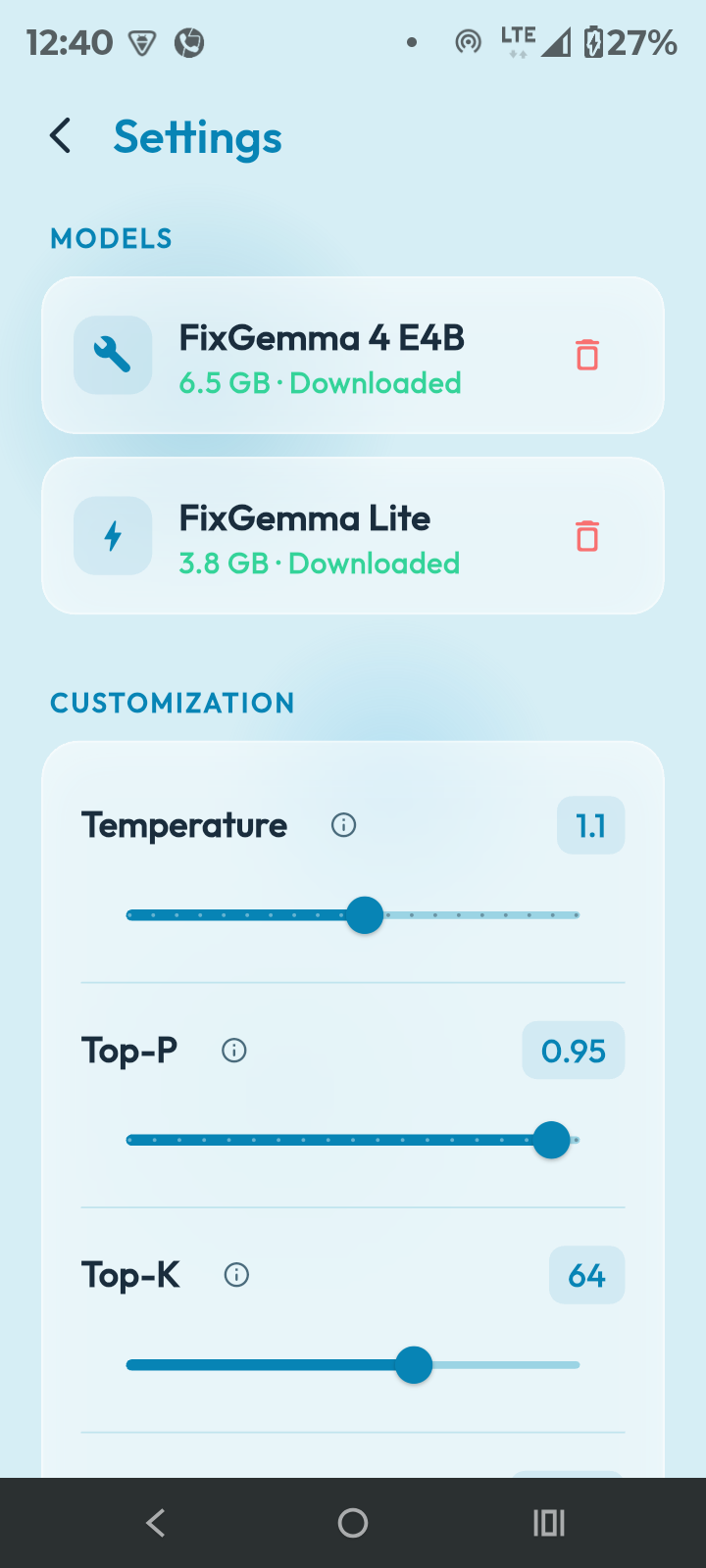 Downloaded models and tuning parameters